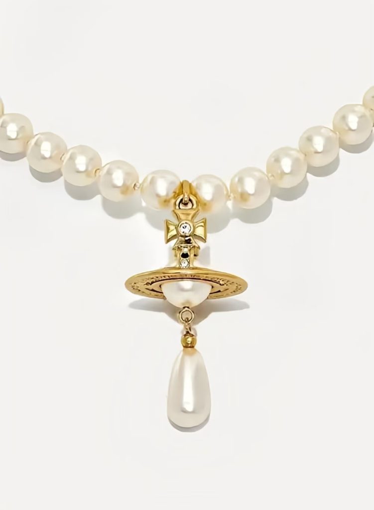 Vivienne Westwood iconic pearl pendant necklace, punk-meets-elegance.